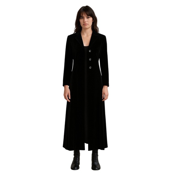 RENA ROWAN Black Silk Blend Velvet Maxi Duster Coat Longline gothic witchy 2P - Picture 1 of 12